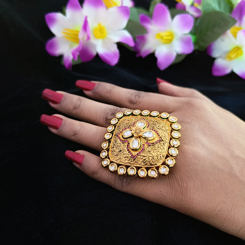 Designer Gold Plated Royal Kundan Ring (Design 148)