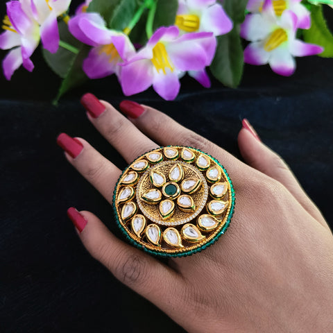 Designer Gold Plated Royal Kundan Beaded Ring (Design 145)