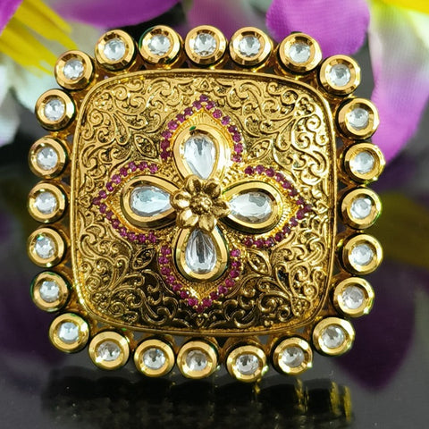 Designer Gold Plated Royal Kundan Ring (Design 148)