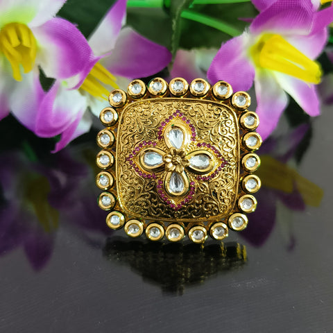 Designer Gold Plated Royal Kundan Ring (Design 148)