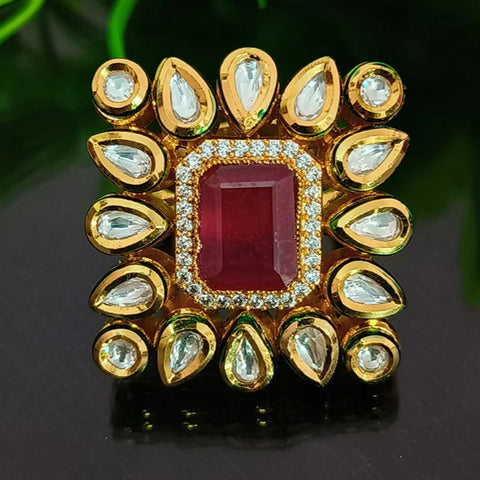 Designer Gold Plated Royal Kundan Beaded Ring (Design 137)