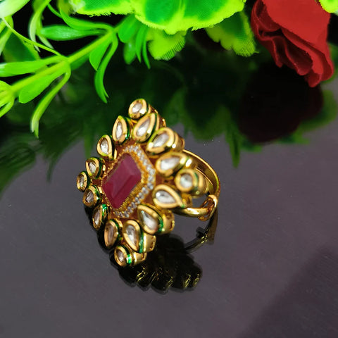 Designer Gold Plated Royal Kundan Beaded Ring (Design 137)