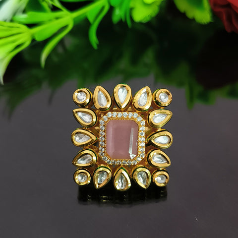 Designer Gold Plated Royal Kundan Beaded Ring (Design 137)