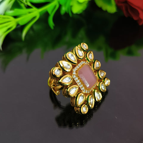 Designer Gold Plated Royal Kundan Beaded Ring (Design 137)