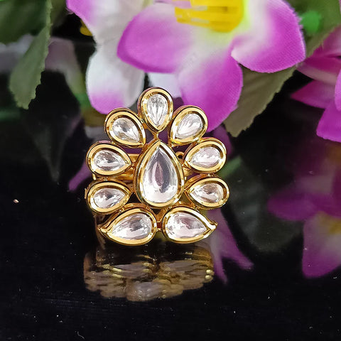 Designer Gold Plated Royal Kundan  & Ruby Beaded Ring (Design 105)