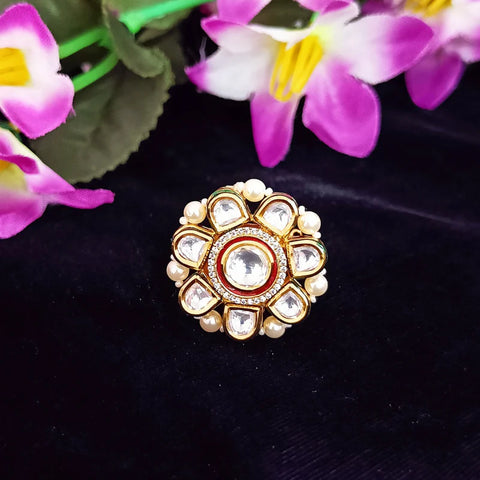 Designer Gold Plated Kundan Beaded Ring (Design 77)