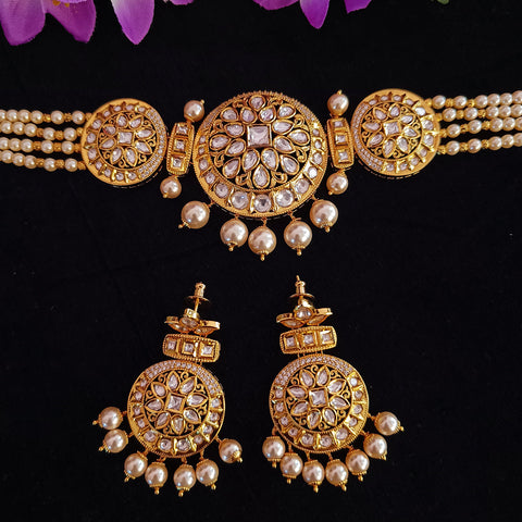 Designer Gold Plated Royal Kundan Beaded Choker Style Necklace with Earrings (D412)