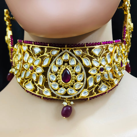 Designer Gold Plated Royal Kundan & Ruby Choker Style Necklace with Earrings (D797)