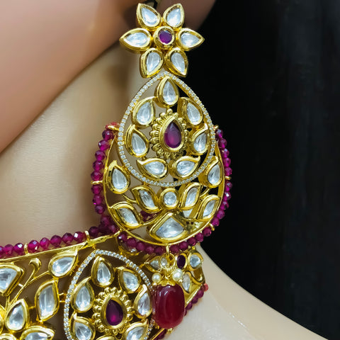 Designer Gold Plated Royal Kundan & Ruby Choker Style Necklace with Earrings (D797)