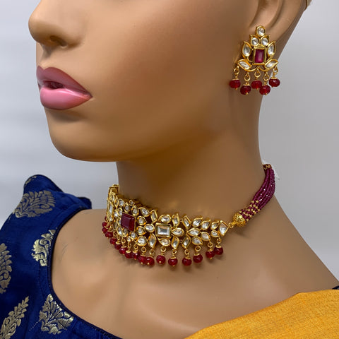 Designer Gold Plated Royal Kundan & Ruby Necklace with Earrings (D357)