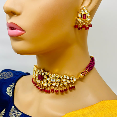 Designer Gold Plated Royal Kundan & Ruby Necklace with Earrings (D357)