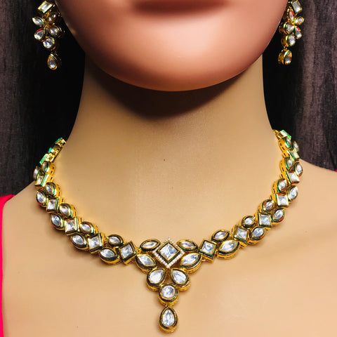 Designer Gold Plated Royal Kundan Necklace With Earrings (D538)