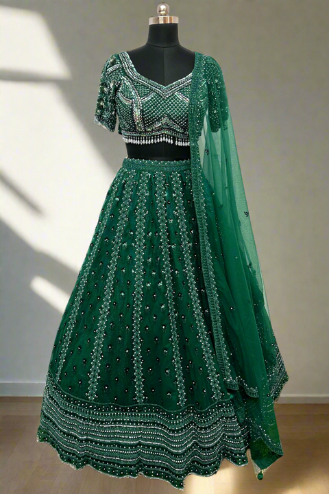 Green Net Embroidery Sequin V-Neck Lehenga And Blouse Set For Women (D327)