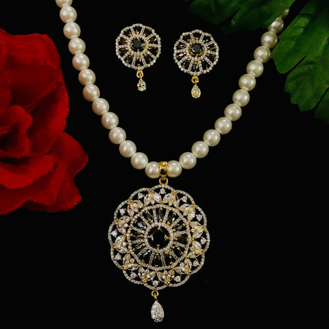 Pearl American Diamond Ruby Pendant Set (D975)