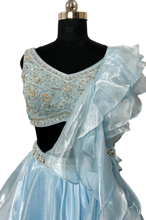 Ice Blue Organza Embroidery Sequin Asymmetric Ruffle Top And Skirt Set For Women (D43)