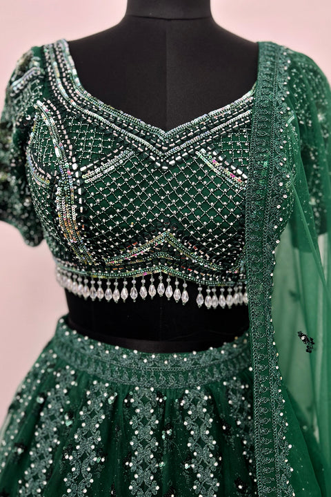 Green Net Embroidery Sequin V-Neck Lehenga And Blouse Set For Women (D327)