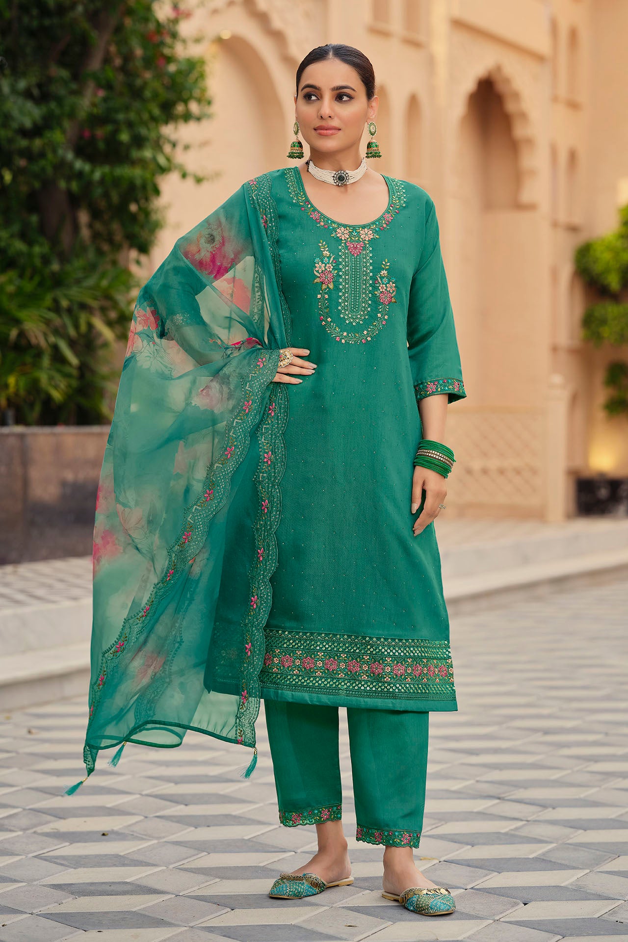 Designer Green Color Readymade Party Wear Suits Pant & Dupatta in Roman Silk For Women (D1027)