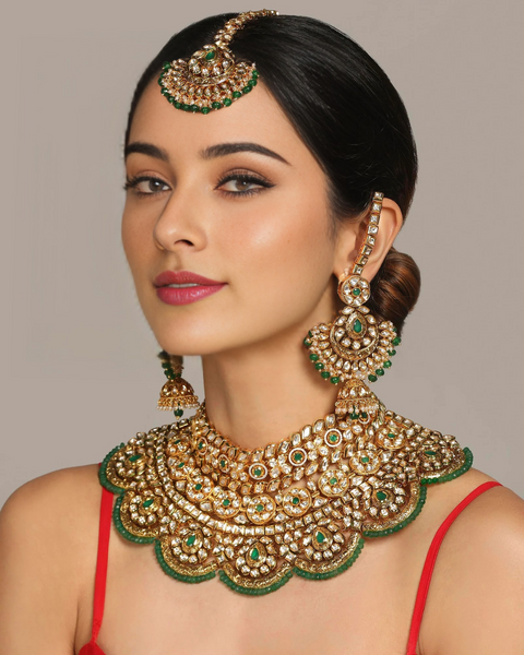 Designer Gold Plated Royal Kundan Ruby & Emerald Necklace with Earrings (D644)