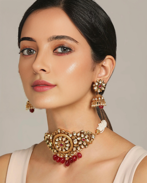 Designer Gold Plated Royal Kundan Choker Style Necklace with Earrings (D861)