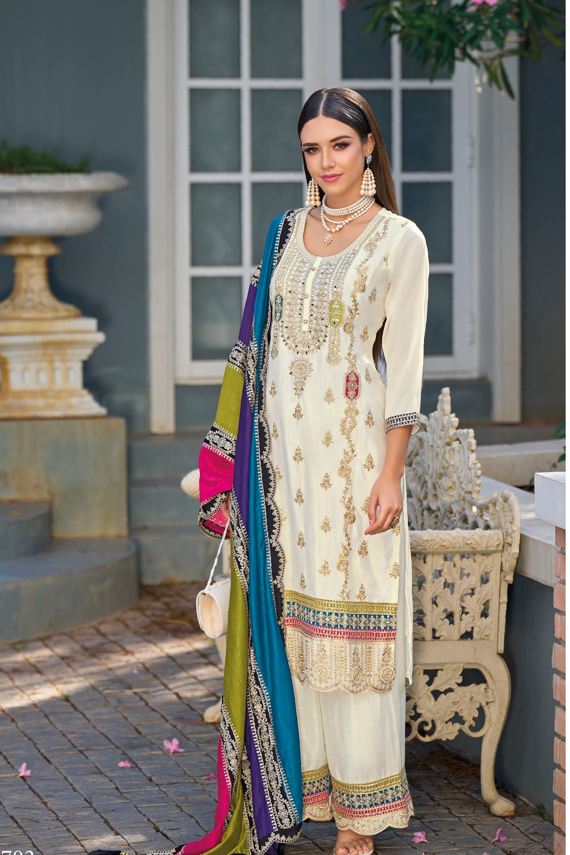 Off White Heavy Designer Chinon embroidery work Kurti With Plazzo & Dupatta (D1352)(Deal)