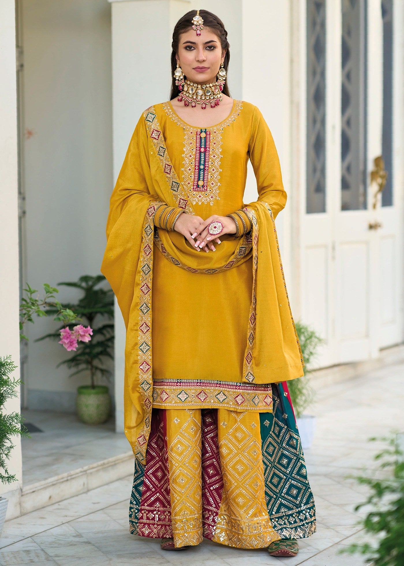 Designer Mustard Yellow Color Suit with Plazzo & Dupatta in Chinon (D1001)