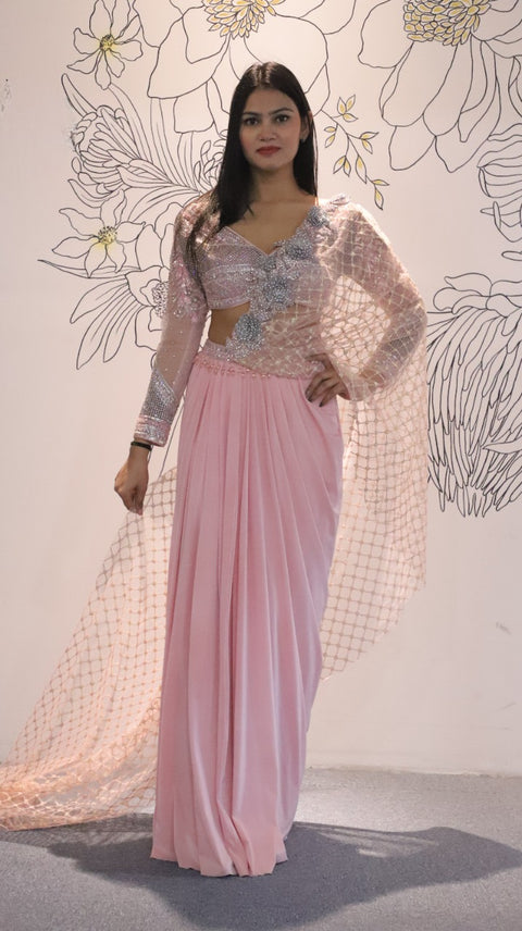 Draped Pink Saree With Beautiful Net Detail On Blouse For Party Wear (D35)