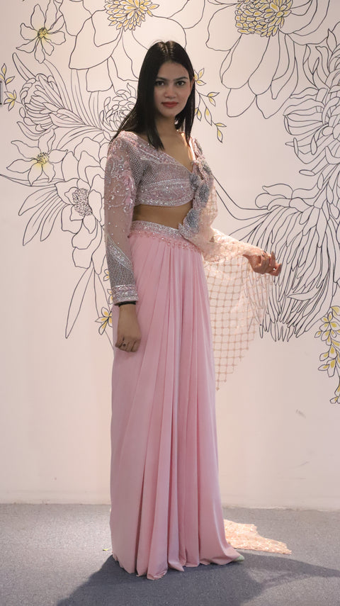 Draped Pink Saree With Beautiful Net Detail On Blouse For Party Wear (D35)