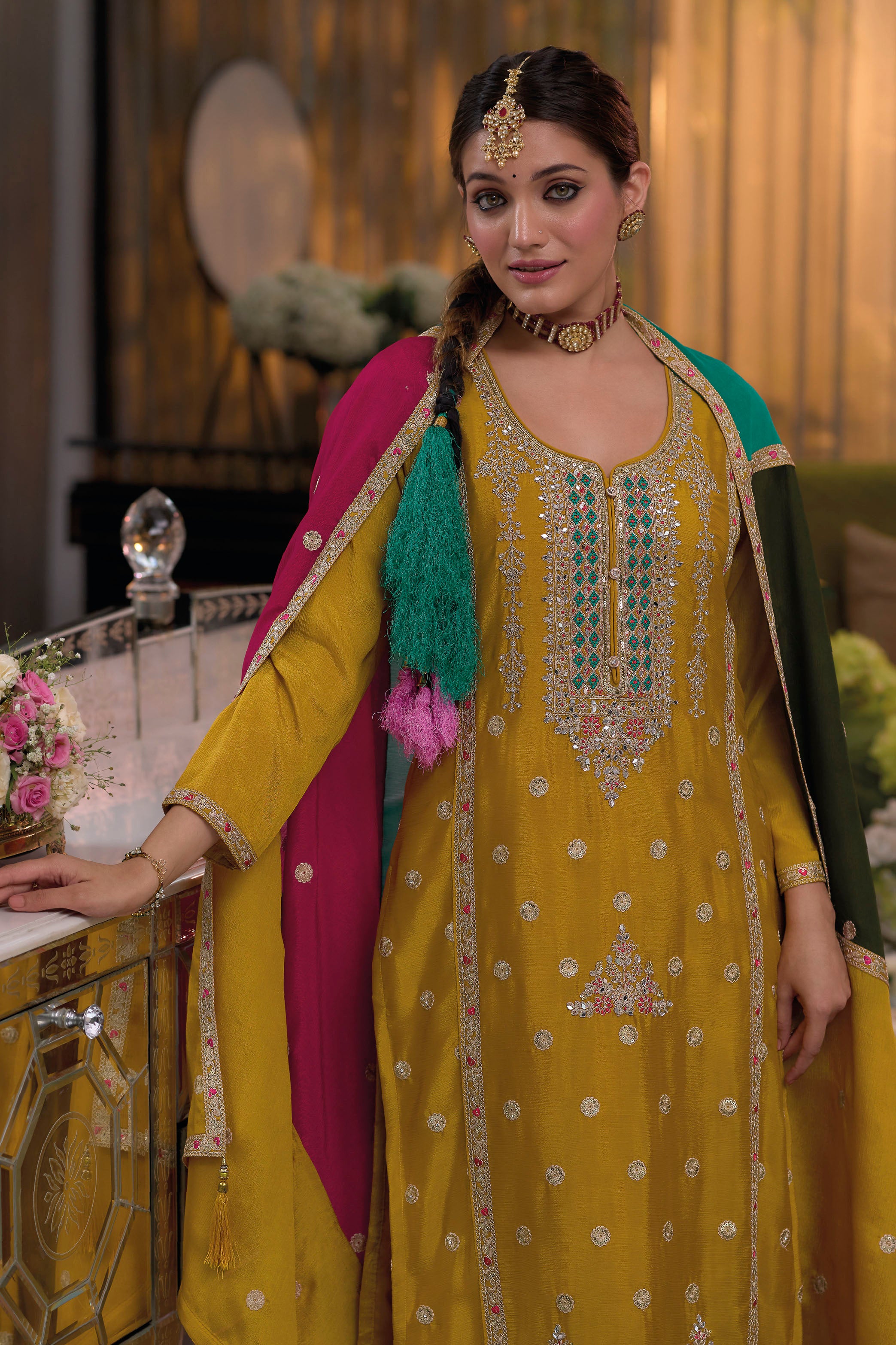 Elegant Mustard Yellow Chinnon Embroidered Straight Kurti With Pant & Dupatta (D1342)