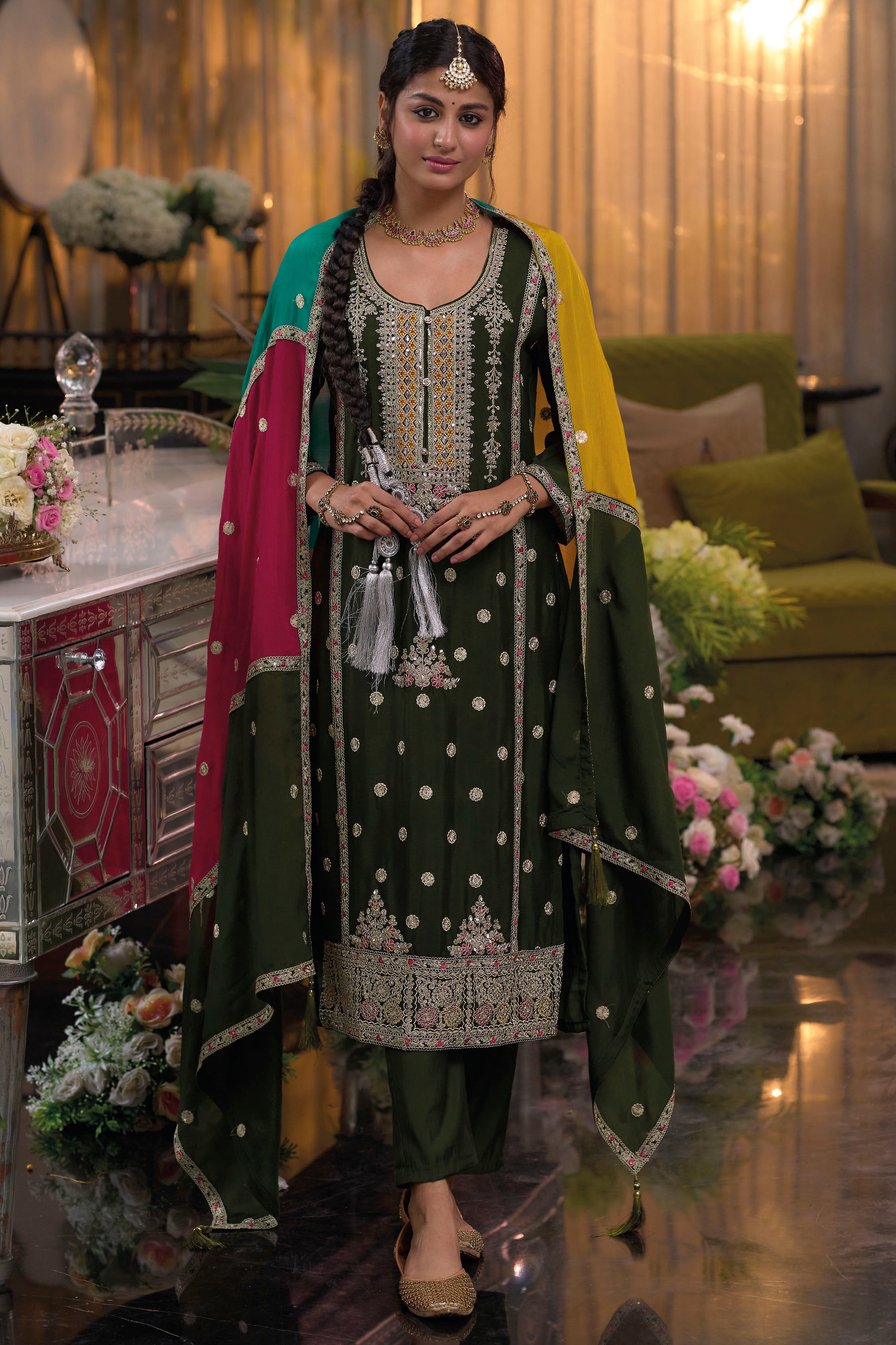 Elegant Dark Olive Green Chinnon Embroidered Straight Kurti With Pant & Dupatta (D1341)