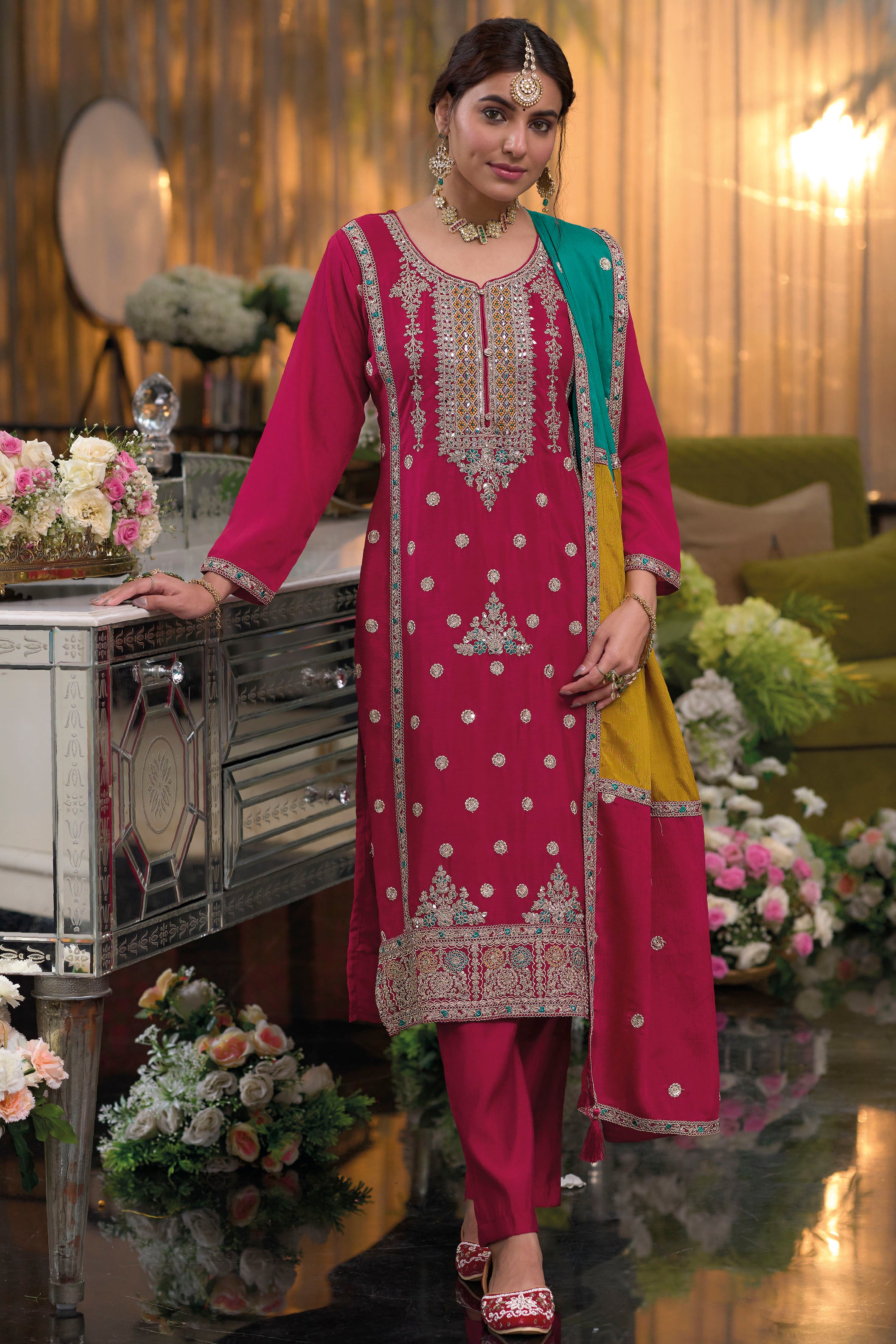 Elegant Red Chinnon Embroidered Straight Kurti With Pant & Dupatta (D1343)