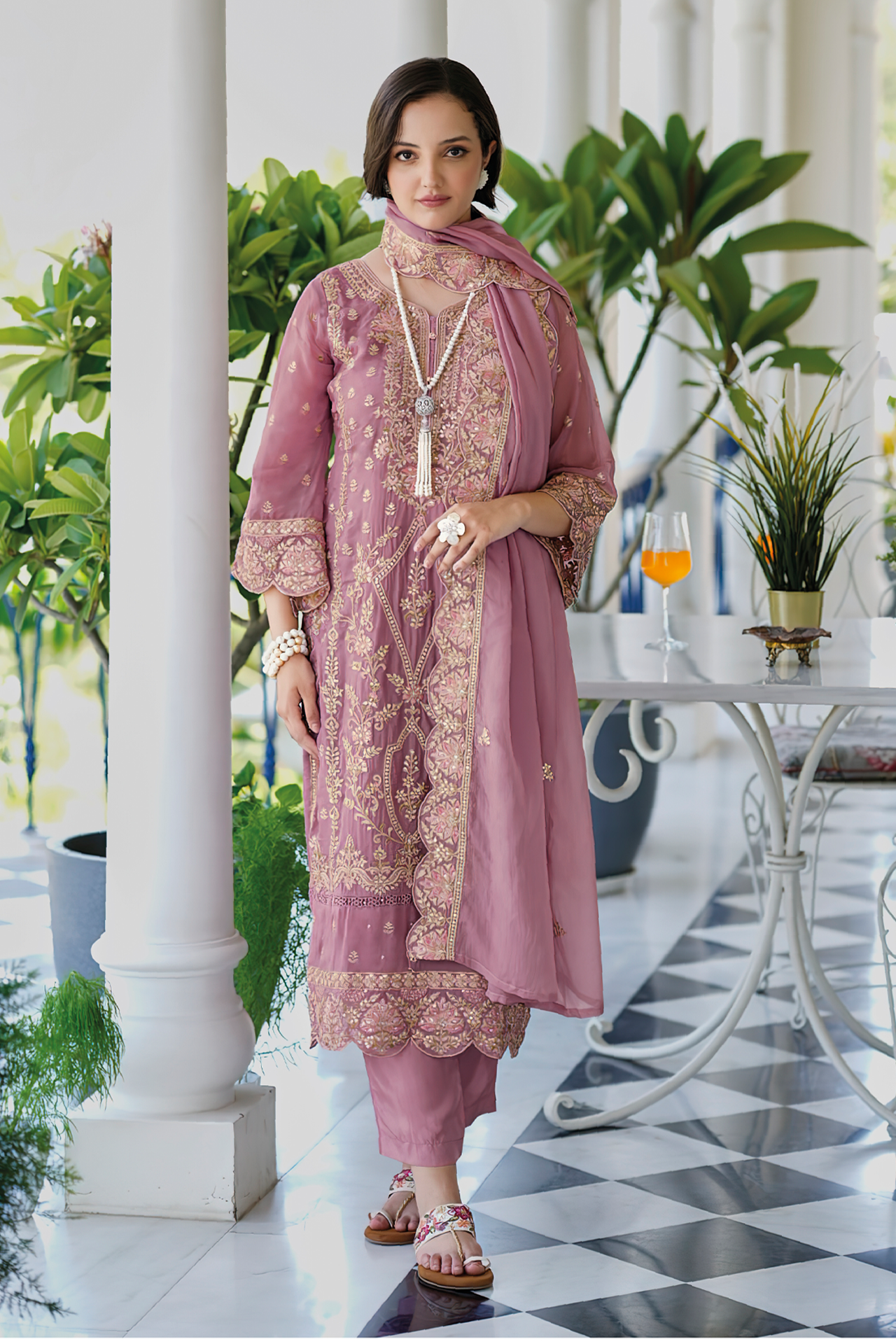 Designer Soft Organza Embroidery Work Pink Color Suit with Pant & Dupatta (D1329)