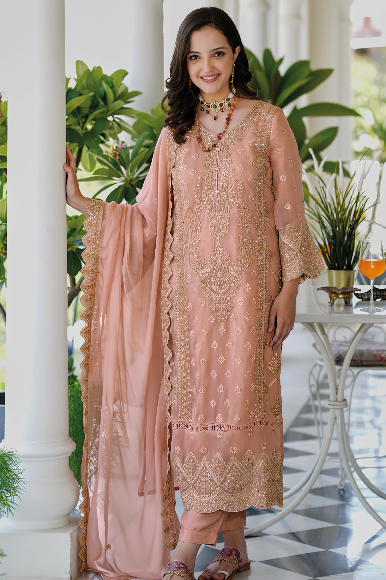 Designer Soft Organza Embroidery Work Peach Color Suit with Pant & Dupatta (D1331)