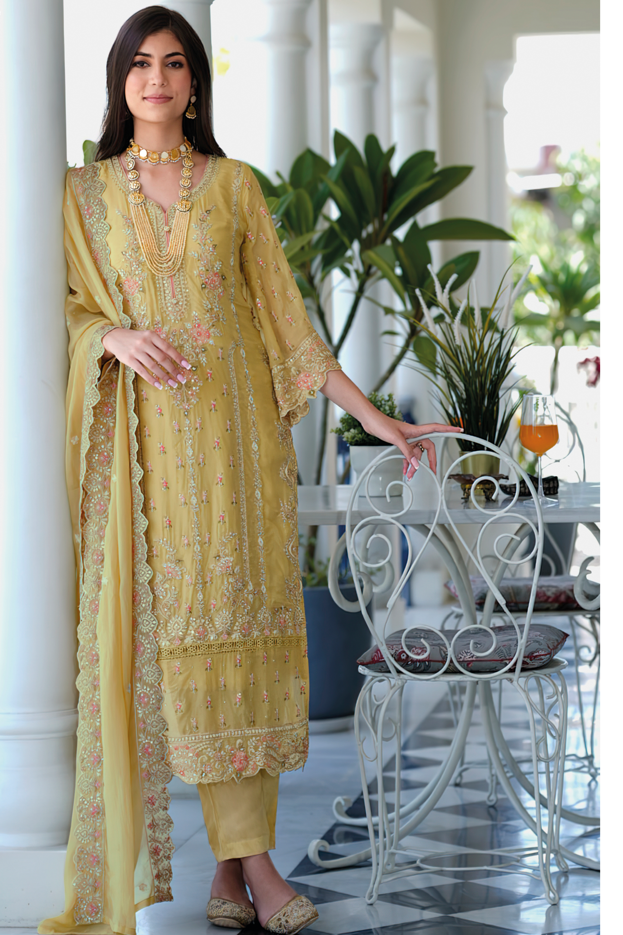 Designer Soft Organza Embroidery Work Yellow Color Suit with Pant & Dupatta (D1328)