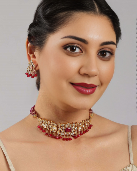 Designer Gold Plated Royal Kundan & Ruby Necklace with Earrings (D357)