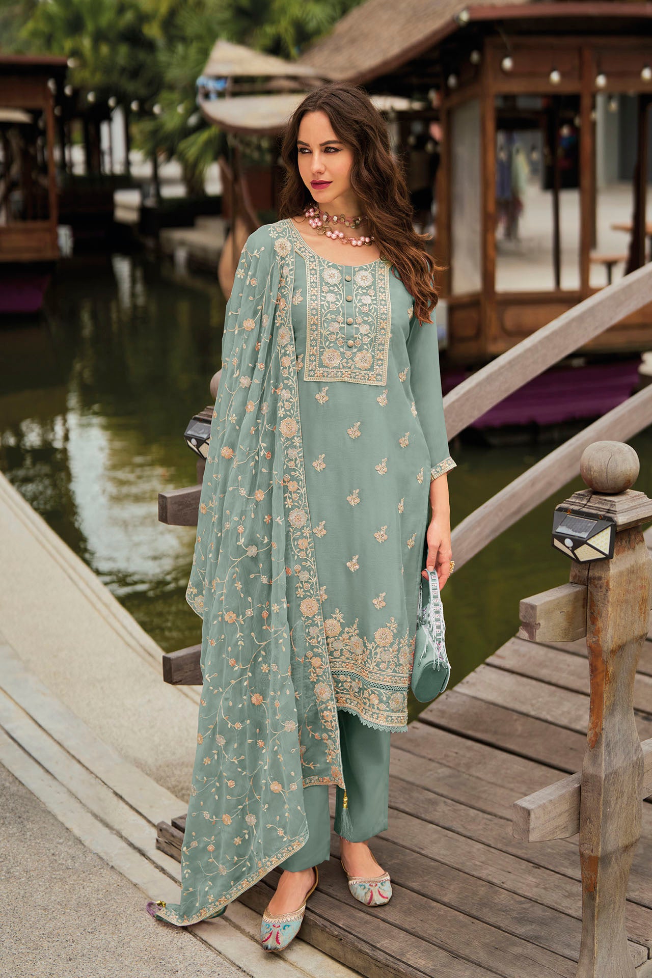 Floral Green Chinon With Embroidery Work  Kurti With Pant & Dupatta (D1351)