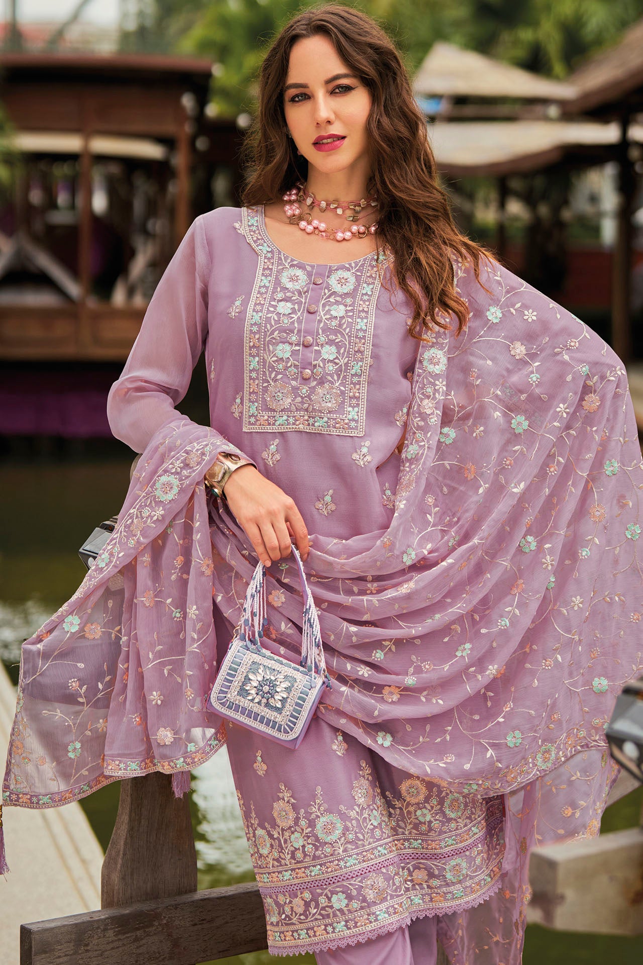 Floral Purple Chinon With Embroidery Work  Kurti With Pant & Dupatta (D1349)