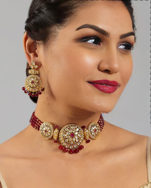 Designer Gold Plated Royal Kundan Beaded Choker Style Necklace with Earrings (D412)