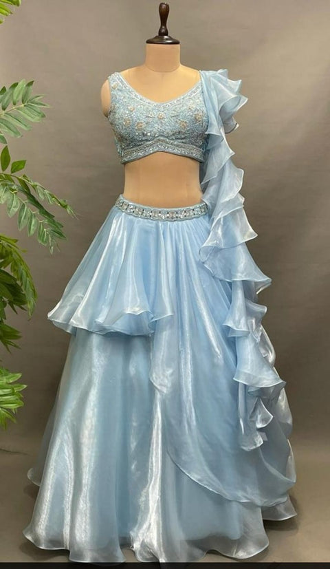 Ice Blue Organza Embroidery Sequin Asymmetric Ruffle Top And Skirt Set For Women (D43)