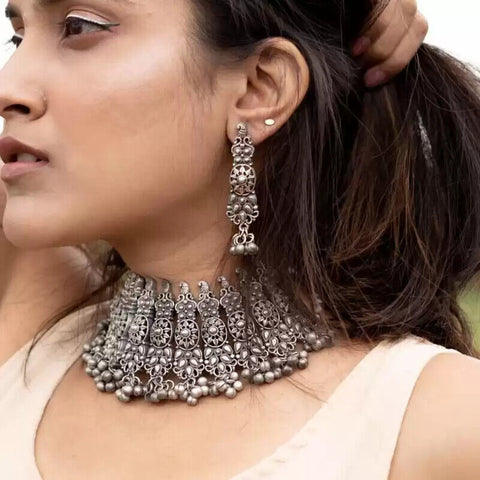 Designer Silver Oxidized Choker Style Necklace With Earrings (D890)