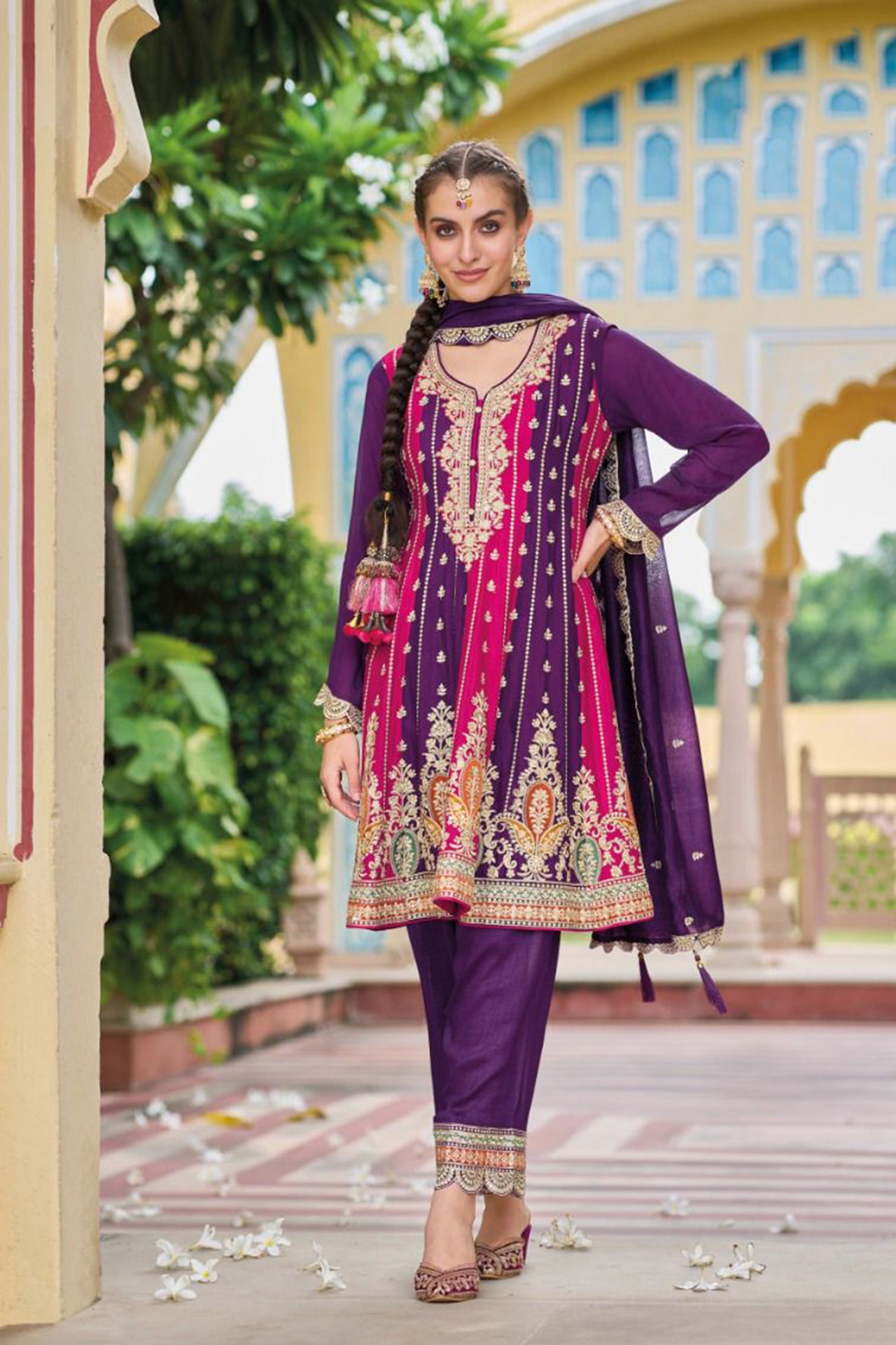 Designer Purple & Magenta Color Suit with Salwar & Dupatta in Silk (D1065) (Deal)