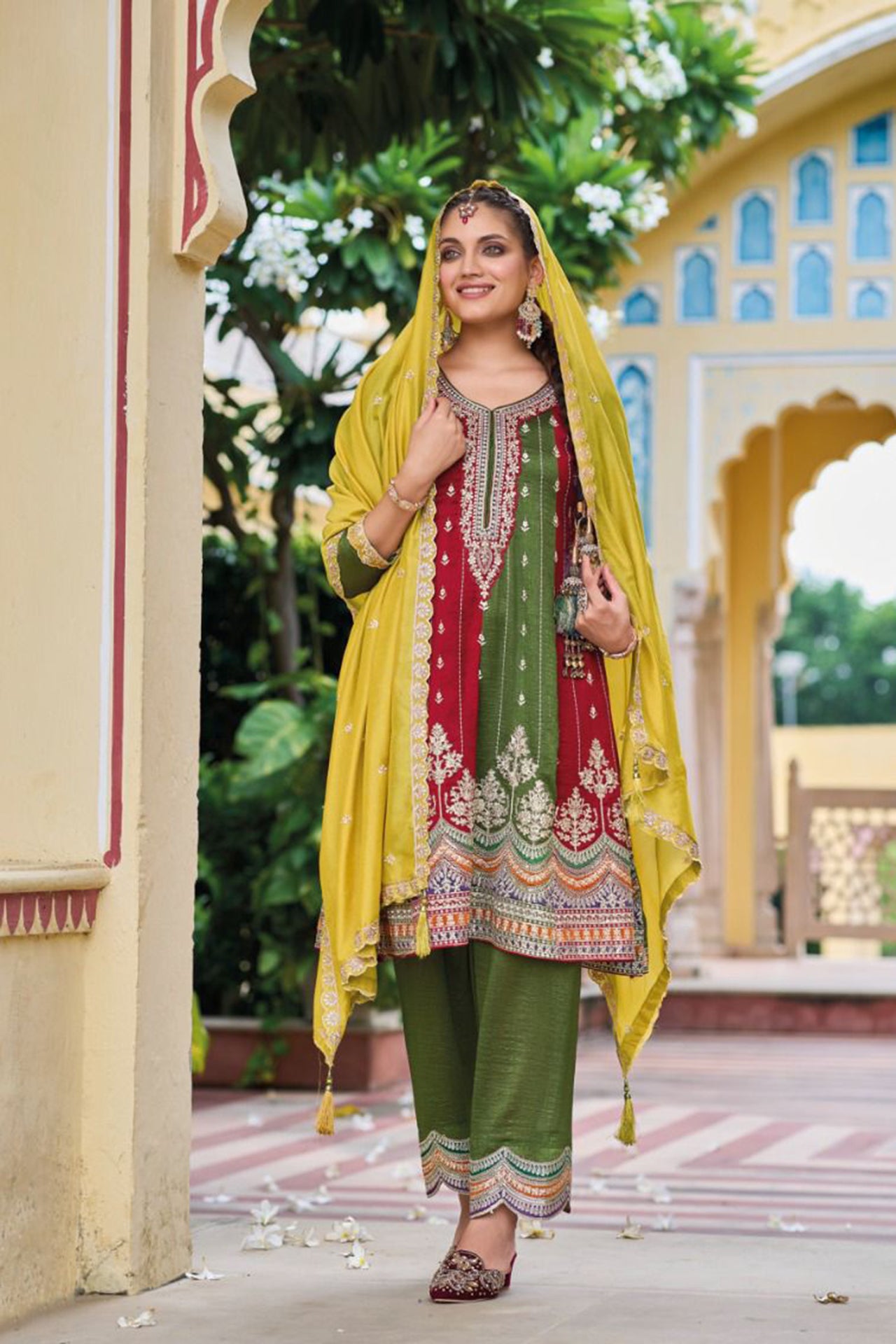 Designer Green & Red Color Suit with Salwar & Dupatta in Silk (D1066) (Deal)