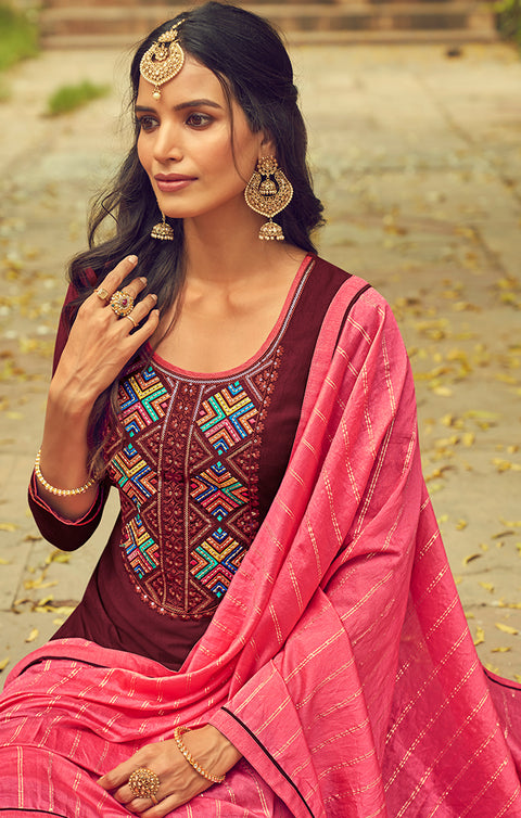 Designer Mahroon Color Suit with Plazzo & Dupatta in Parampara Silk (K547)