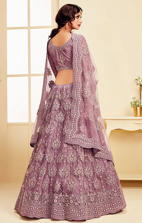 Designer The White Bride Purple Heavy Embroidered Net Bridal Lehenga Choli (D93)