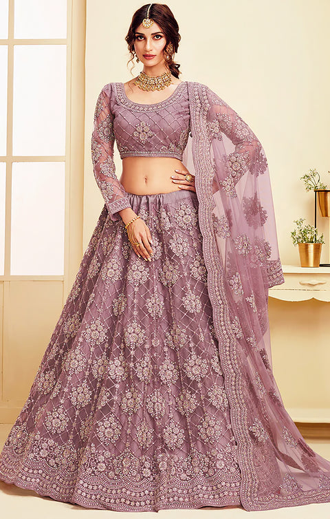 Designer The White Bride Purple Heavy Embroidered Net Bridal Lehenga Choli (D93)