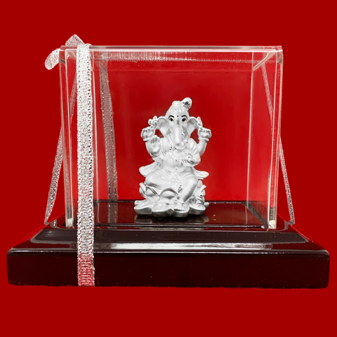 999 Pure Silver Ganesha Idol in Rectangular Base - PAAIE