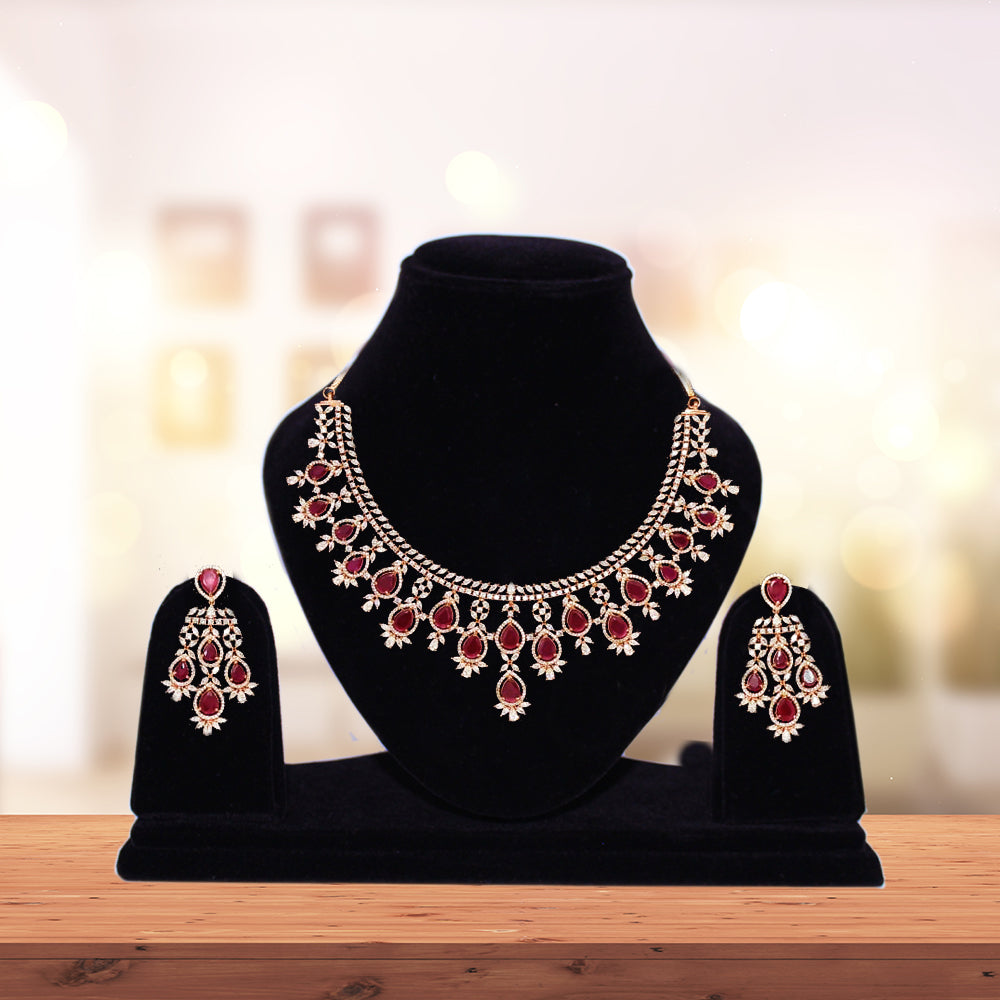 Designer Semi-Precious American Diamond & Ruby Necklace with Earrings –  PAAIE