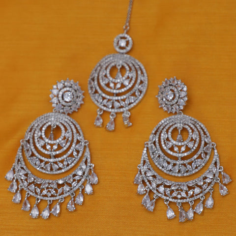 White Stones Silver American Diamond Contemporary Earrings with Mang Tikka (E126) - PAAIE