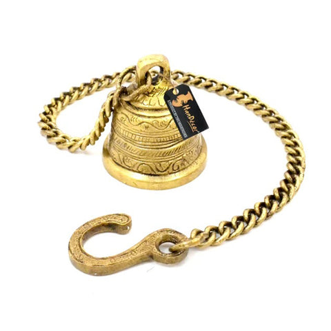 Ethnic Indian Handcrafted Brass Temple Bell with Chain, Hanging Brass Bell (Design 38)