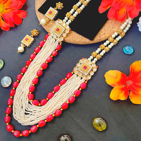 Designer Long Bead Necklace Studded with Semi-Precious Stones (D1007)