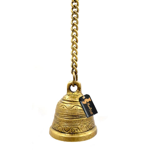 Ethnic Indian Handcrafted Brass Temple Bell with Chain, Hanging Brass Bell (Design 38)